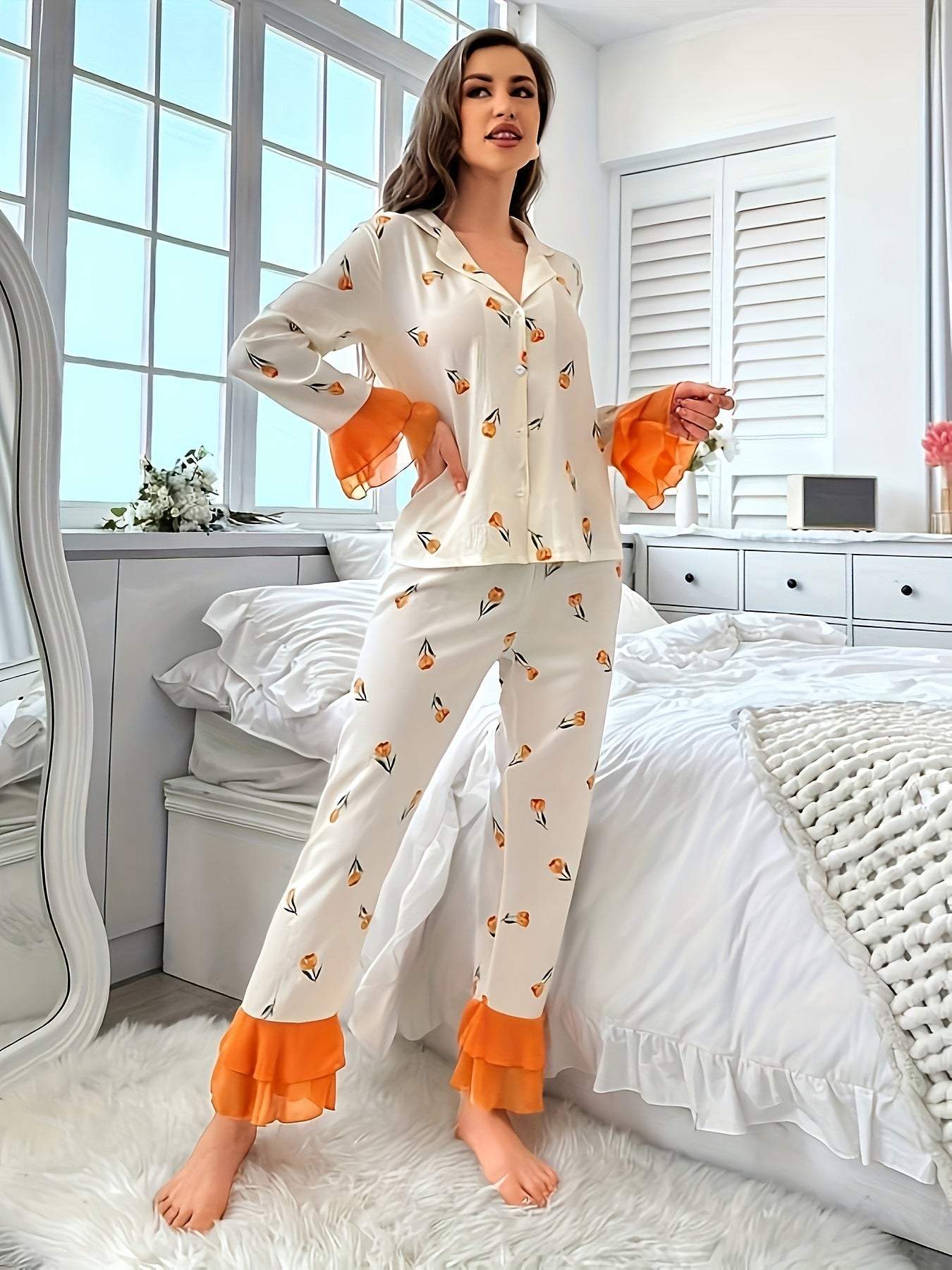 Elegant Tulip Print Ruffle Pajama Set Bell Sleeve Top  Pants