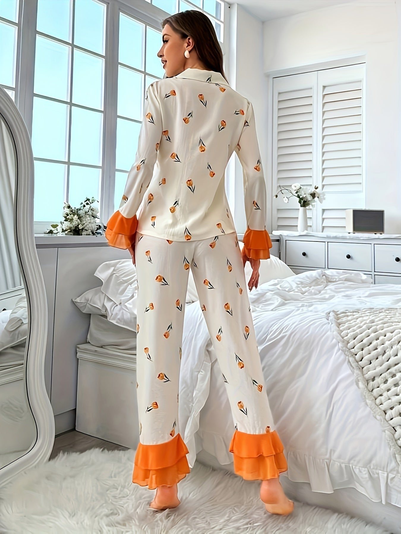 Elegant Tulip Print Ruffle Pajama Set Bell Sleeve Top  Pants