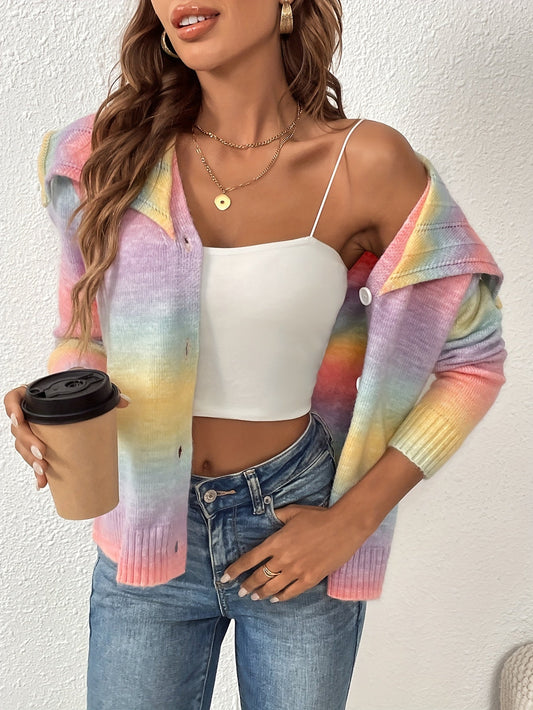 Vibrant Rainbow Button Front Long Sleeve Cardigan