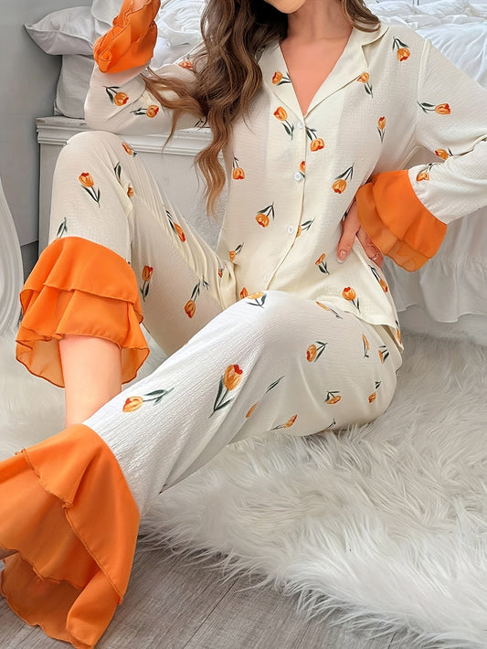 Elegant Tulip Print Ruffle Pajama Set Bell Sleeve Top  Pants